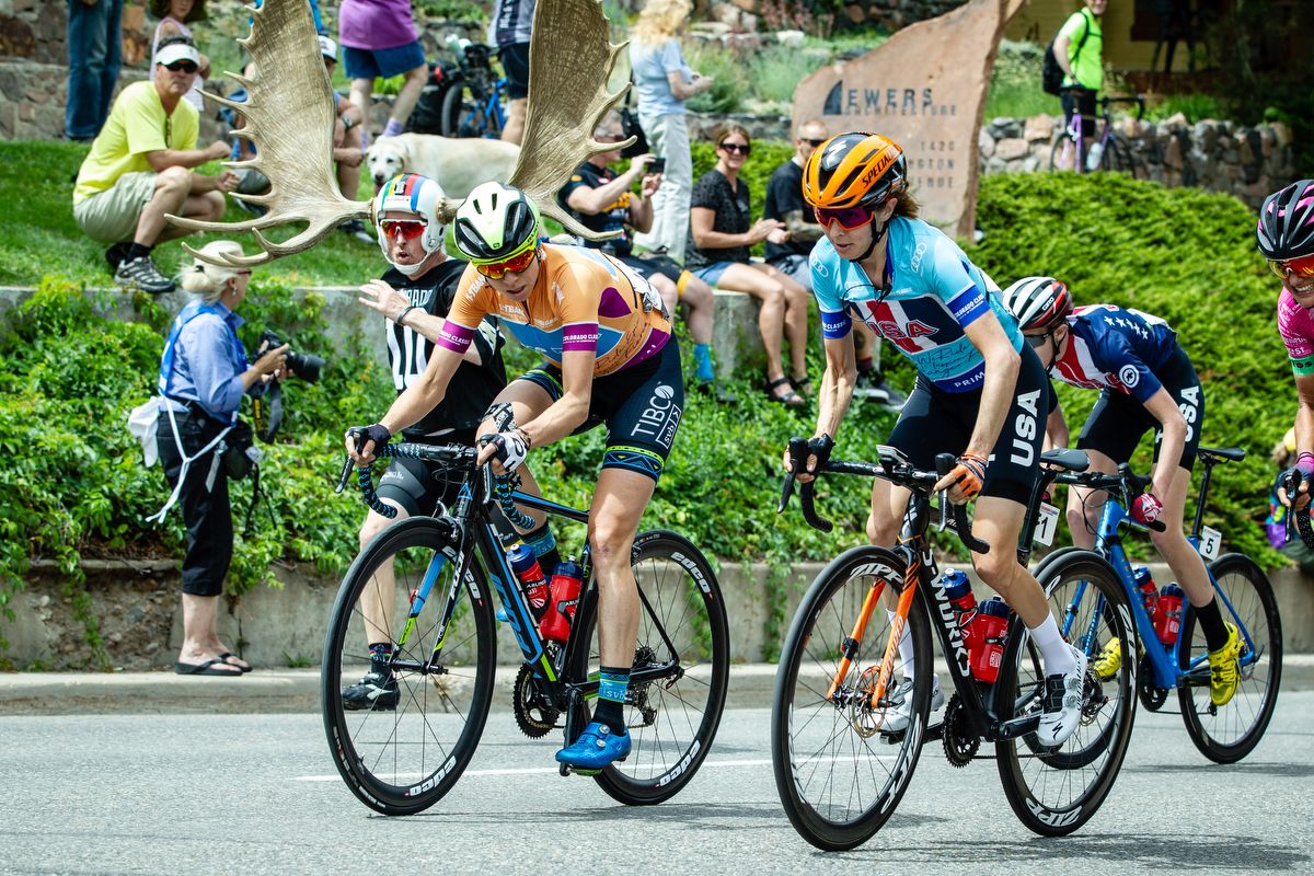 Brodie Chapman (TIBCO) and looks to Katie Hall (USA) on the climb on stage 3 of the Colorado Classic on August 24, 2019 in Golden, Colorado.