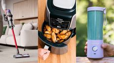 A three-panel image of products on sale in the Best Buy Cyber Monday deals; a Dyson Outsize; a Ninja Air Fryer; a BlendJet 2