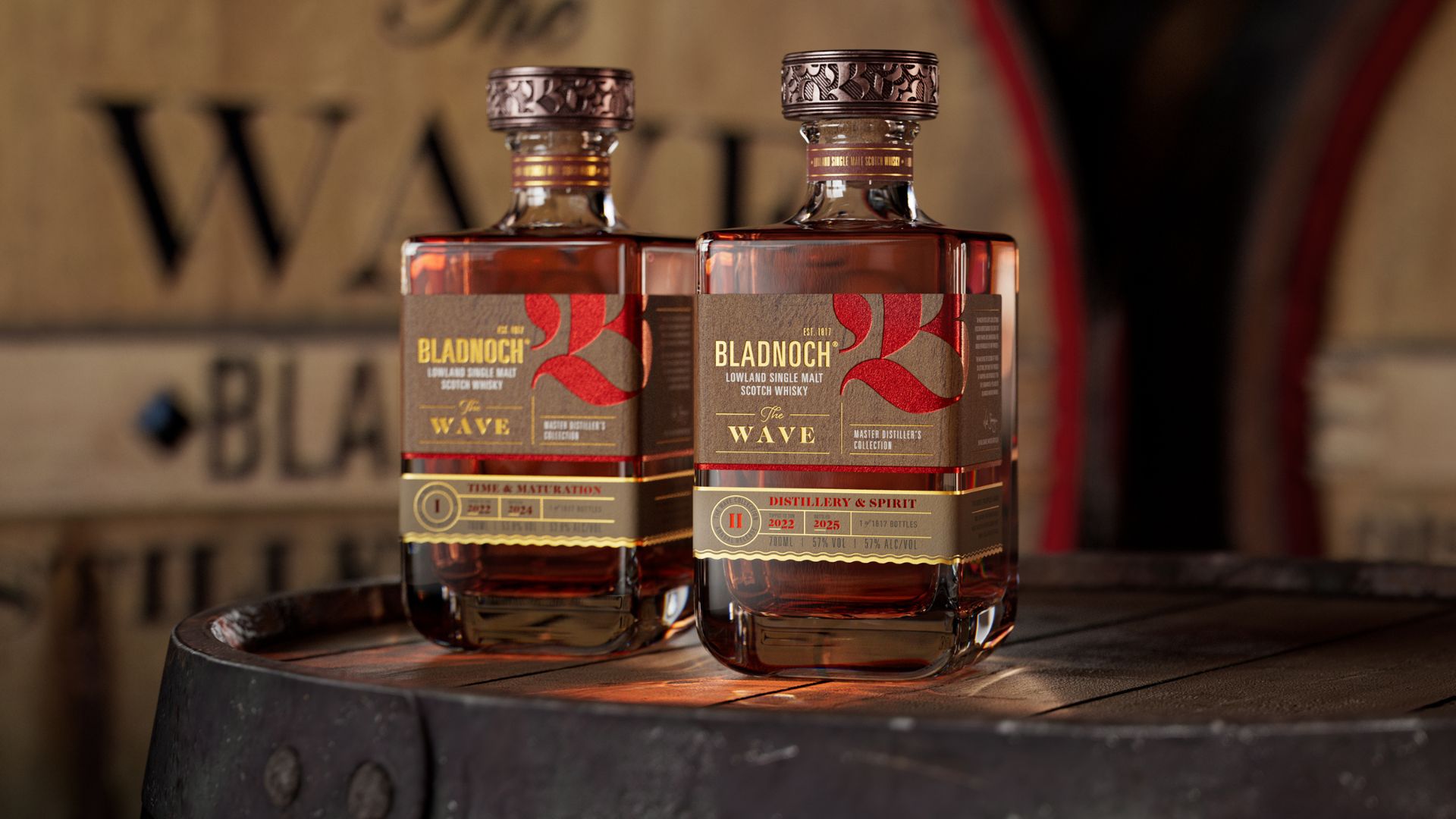 an image of two Bladnoch Wave II bottles side by side on top of an oak whisky barrel