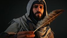 Basim with a feather in his hand in Assassin's Creed Mirage