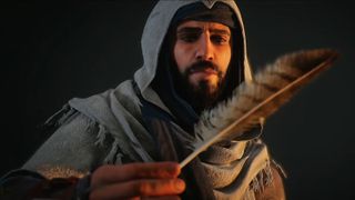 Basim with a feather in his hand in Assassin's Creed Mirage