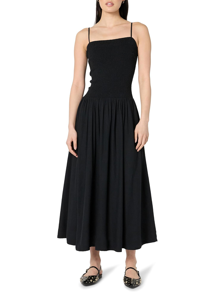The Drop, The Drop Women&amp;rsquo;s Florencia Smocked Bodice Linen Maxi Dress, Black, L