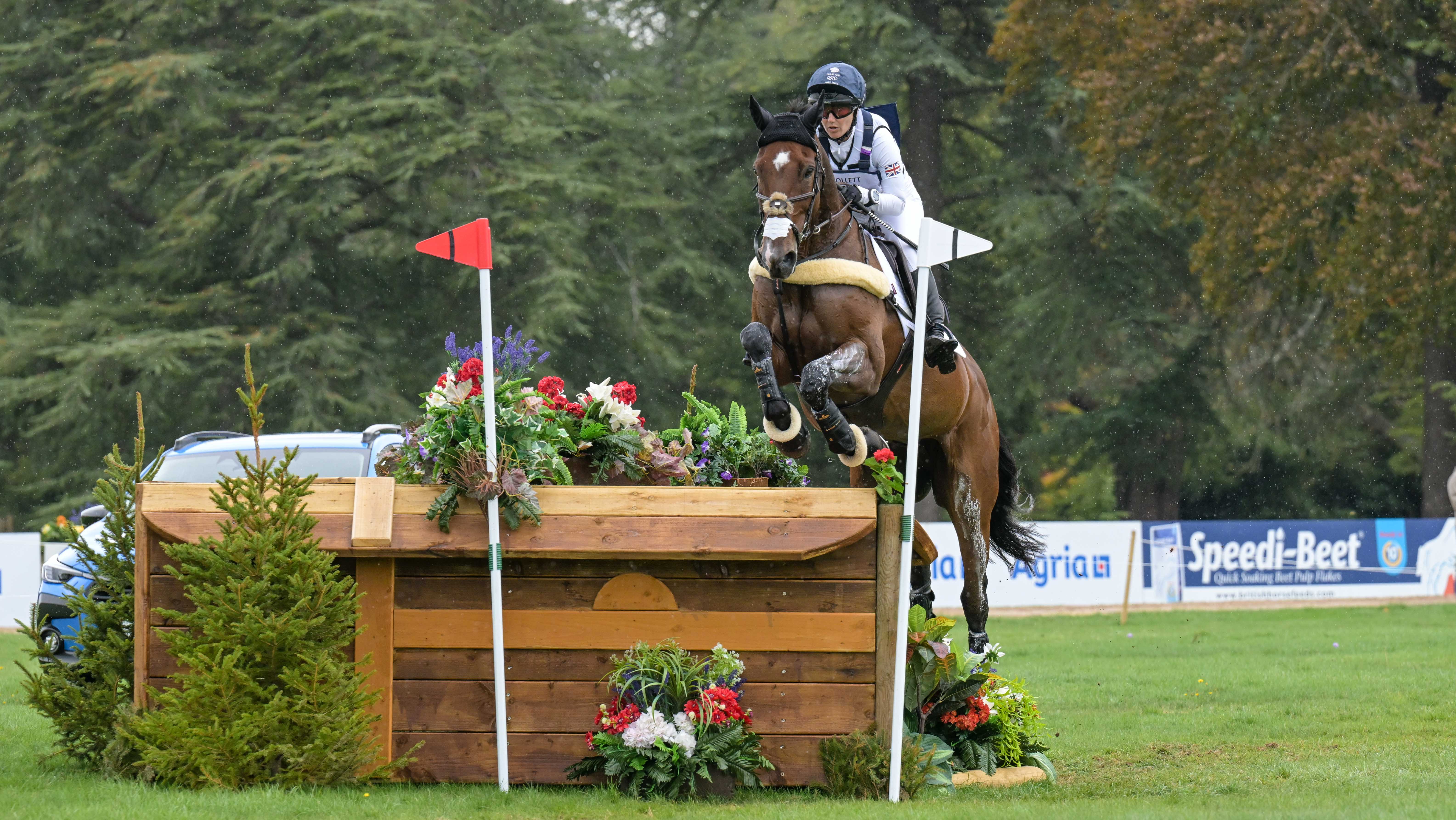 British pair Laura Collett and London 52 jump a cross-country fence at the 2025 European Championships.