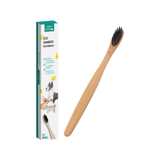 H&H Pets Eco-Friendly Reusable Bamboo Dog & Cat Toothbrush next to the packaging, one of the best toothbrushes for dogs