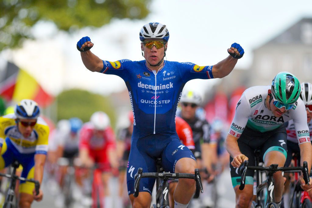 TOURNAI, BELGIUM - SEPTEMBER 29: Fabio Jakobsen of Netherlands and Team Deceuninck - Quick-Step celebrates winning during the 80th Eurom&Atilde;&copy;tropole Tour 2021 a 177,6km race from La Louvi&Atilde;&uml;re to Tournai / @Eurometrotour / on September 29, 2021 in Tournai, Belgium. (Photo by Luc Claessen/Getty Images)