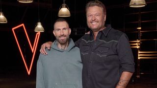 Adam Levine and Blake Shelton stand for a photo at The Voice 30th Season Celebration.