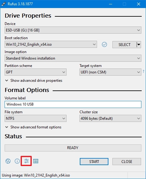 Rufus Settings Option