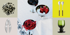Arket tableware (including a claw shaped shell cracker, splatterpaint plate, chrome serving bowls, bamboo handle salad servers, and a green glass globet) pictured against a colorful checekered background