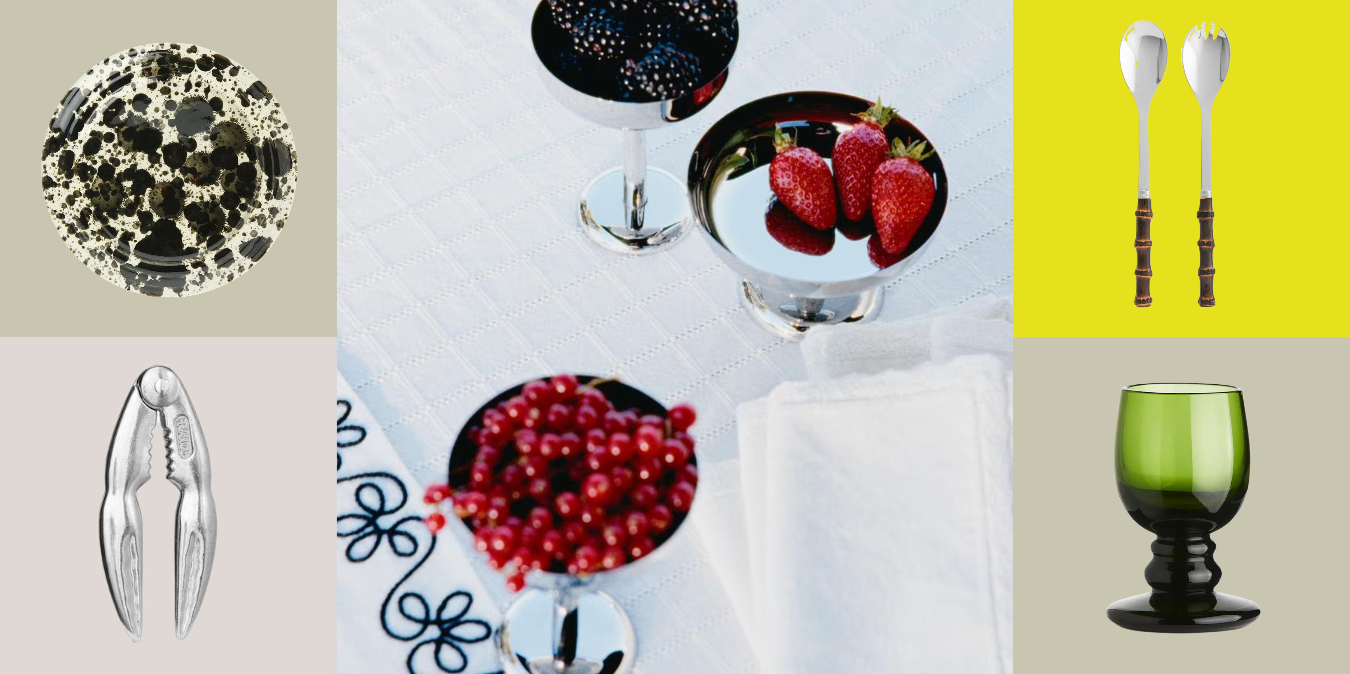 Arket tableware (including a claw shaped shell cracker, splatterpaint plate, chrome serving bowls, bamboo handle salad servers, and a green glass globet) pictured against a colorful checekered background