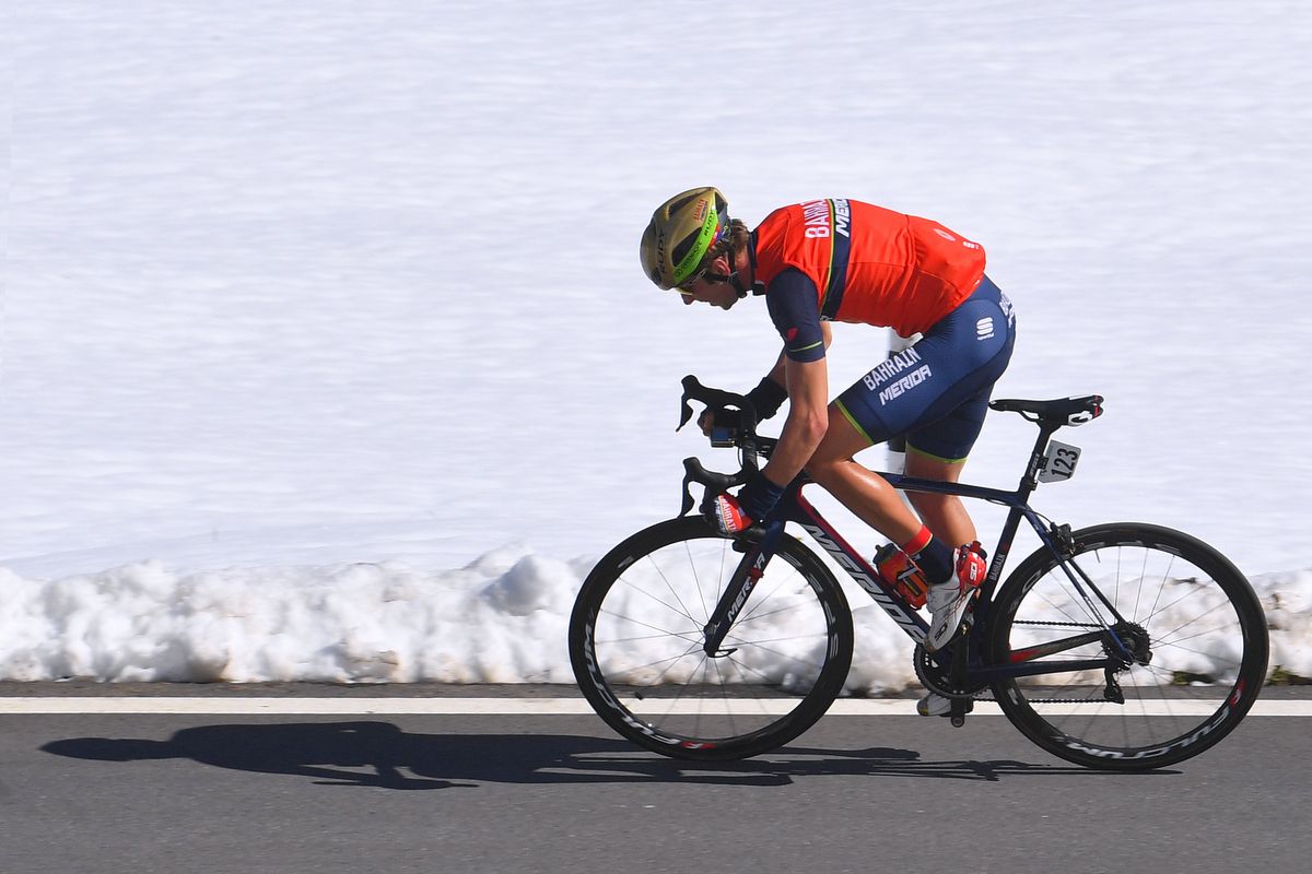 Ondrej Cink of Bahrain-Merida riding through the snow