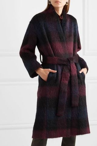 Belted Checked Brushed Wool-Blend Coat