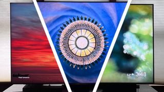 Three mini LED TVs showing colorful abstract images