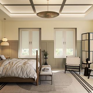 Japandi-style bedroom with two windows with roller blinds