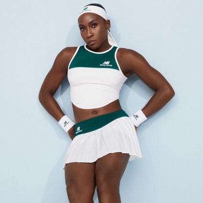Coco Gauff wears a New Balanace and Miu Miu tennis set