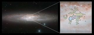 This comparison picture of the nearby bright spiral galaxy NGC 253, also known as the Sculptor Galaxy, shows the infrared view from ESO’s VISTA Telescope (left) and a detailed new view of the cool gas outflows at millimeter wavelengths from ALMA (right). Image released July 24, 2013.