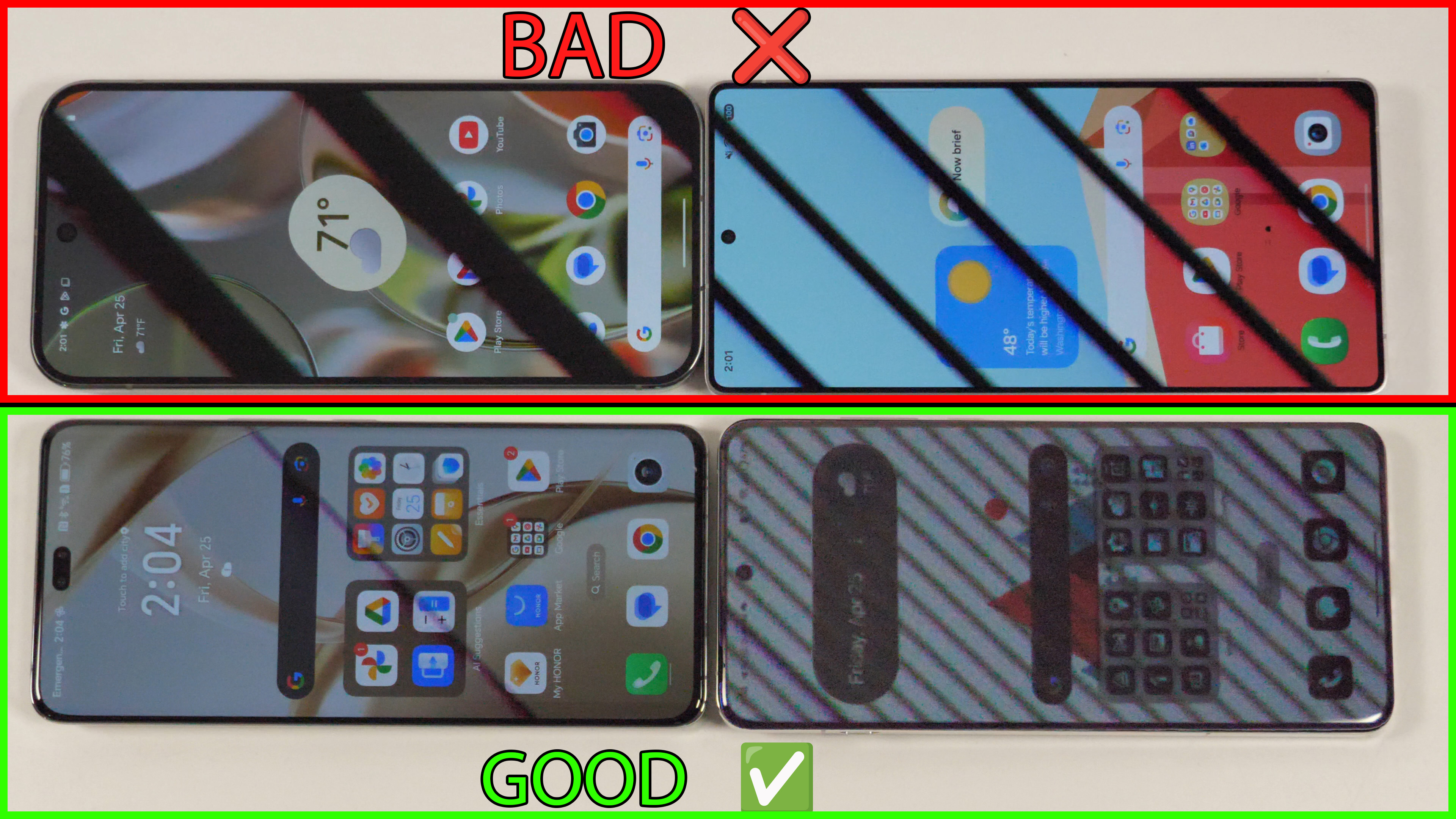 Viewing default dimming rates using a 1/6400 shutter speed of a Google Pixel 10 Pro XL, Samsung Galaxy S24 Ultra, Honor 400 Pro, and OnePlus 13
