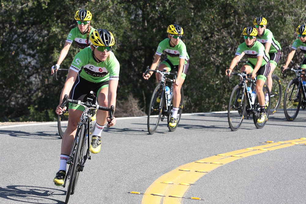 Swiss national time trial champion Doris Schweizer leads the team in a training ride.