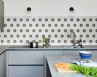 Ca' Pietra black and white mono hex wall tiles used as kitchen backsplash
