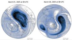 Two reconstructions showing the location of the north polar vortex over the Arctic on March 1, 2025 and over Northern Europe on March 20, 2025.