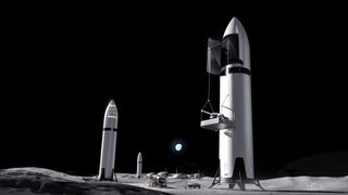 Artist's illustration of several SpaceX Starship upper stages on the moon.