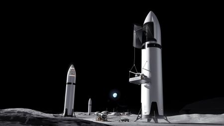 Artist's illustration of several SpaceX Starship upper stages on the moon.