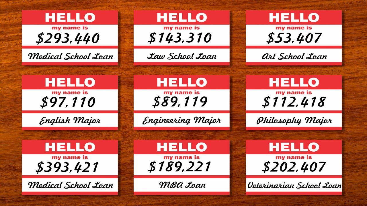 picture of nine name tags with information about the person&amp;#039;s student loan debt