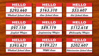 picture of nine name tags with information about the person's student loan debt