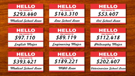 picture of nine name tags with information about the person's student loan debt