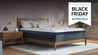 A Helix Midnight Luxe mattress on a bedframe in a bedroom with a Tom&#039;s Guide Black Friday label