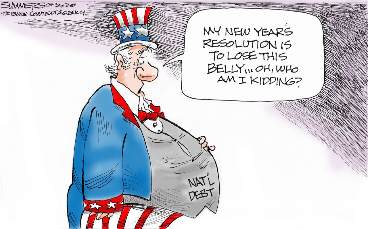 Political Cartoon U.S. National Debt New Years Resolution Belly Fat