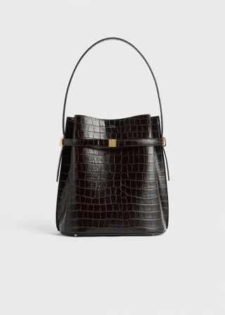 Bucket bag with belt and embossing in dark brown crocodile