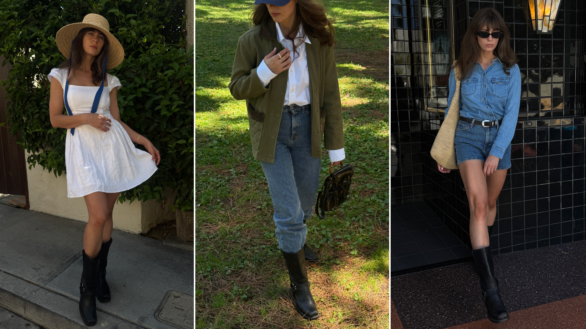 Split image of Kathryn Zahorak wearing frye harness boots