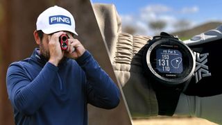 a photo of a man using a golf rangefinder and a golf GPS watch 