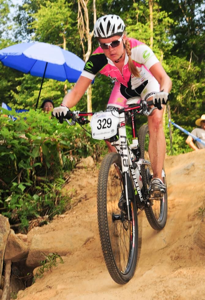 Kaila Hart (NoTubes Elite Women's Racing) riding in third place on lap one