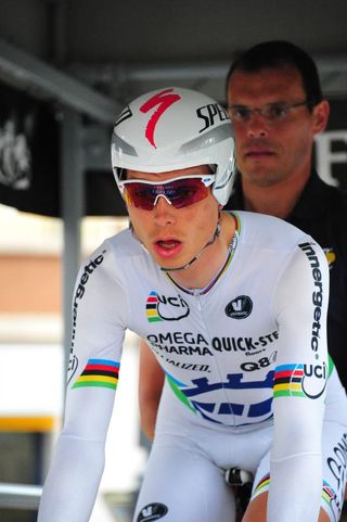 World champion Tony Martin (Omega Pharma-Quickstep) gets ready to take off for the prologue