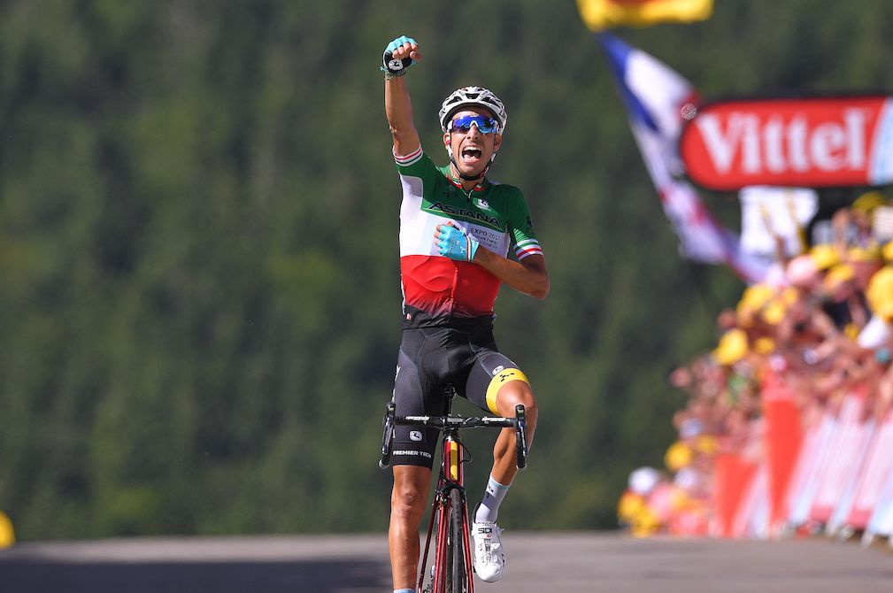 Fabio Aru celebrates a Tour de France stage victory.