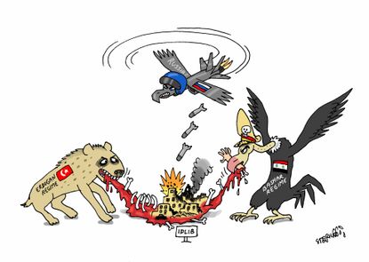 Political Cartoon World Syria Idlib Putin Bashar Al-Assad Kurds air raid war carcass