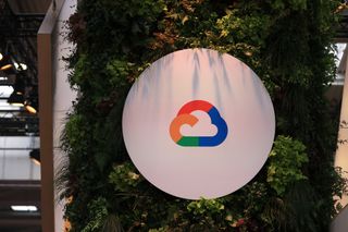Duet AI: Google Cloud logo illuminated at the Hannover Messe industrial technology fair in Hanover