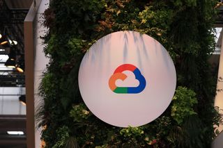 Google Cloud logo illuminated at the Hannover Messe industrial technology fair in Hanover