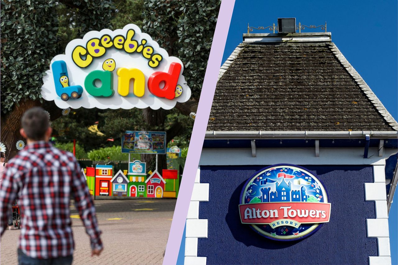 Spliced image showing the entrance to CBeebies Land and Alton Towers