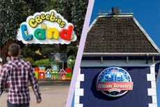 Spliced image showing the entrance to CBeebies Land and Alton Towers