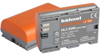 Hahnel Extreme batteries for Canon HLX-E6N with bright orange exterior on white background