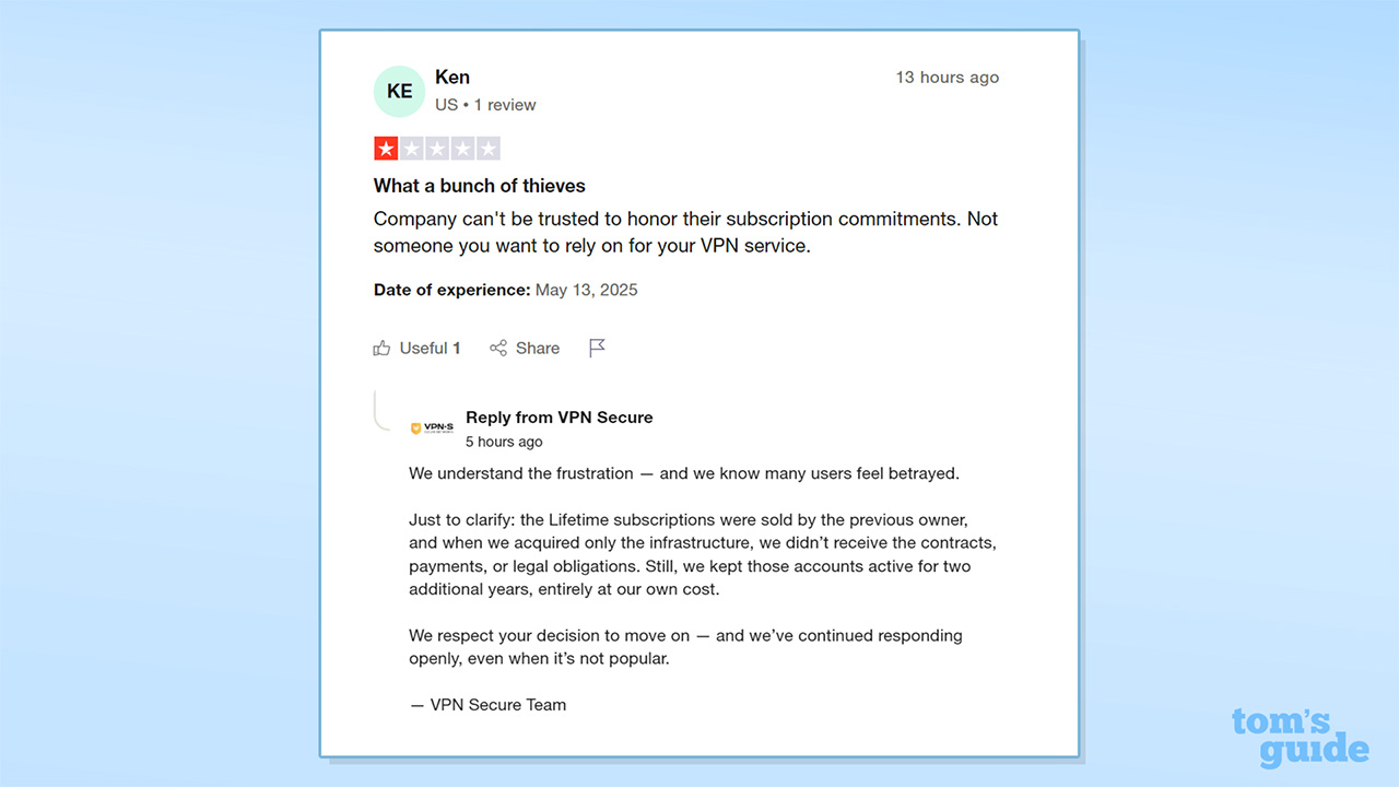تصویر بررسی منفی VPNSecure در مورد TrustPilot و پاسخ ارائه دهنده