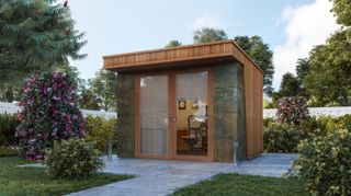Contemporary garden room office with exterior wood cladding from Crown Pavilions