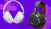 Image of a white and black JBL Quantum headset on a purple GamesRadar+ background.