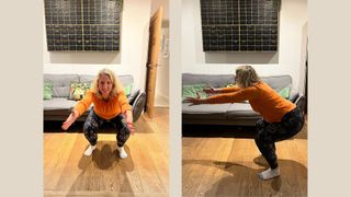 Kat Storr doing squat in living room as part of the 50 squats a day challenge