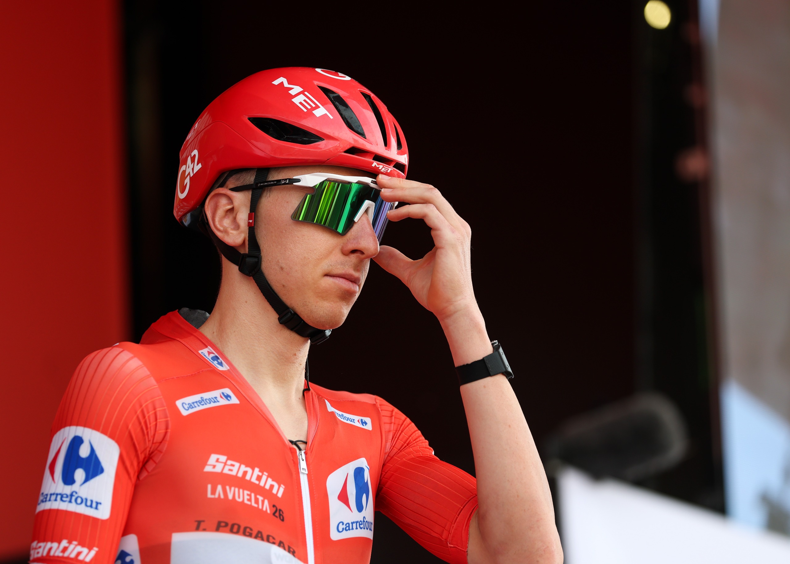 Tadej Pogacar at the Vuelta a Espana 2026 wearing the red jersey