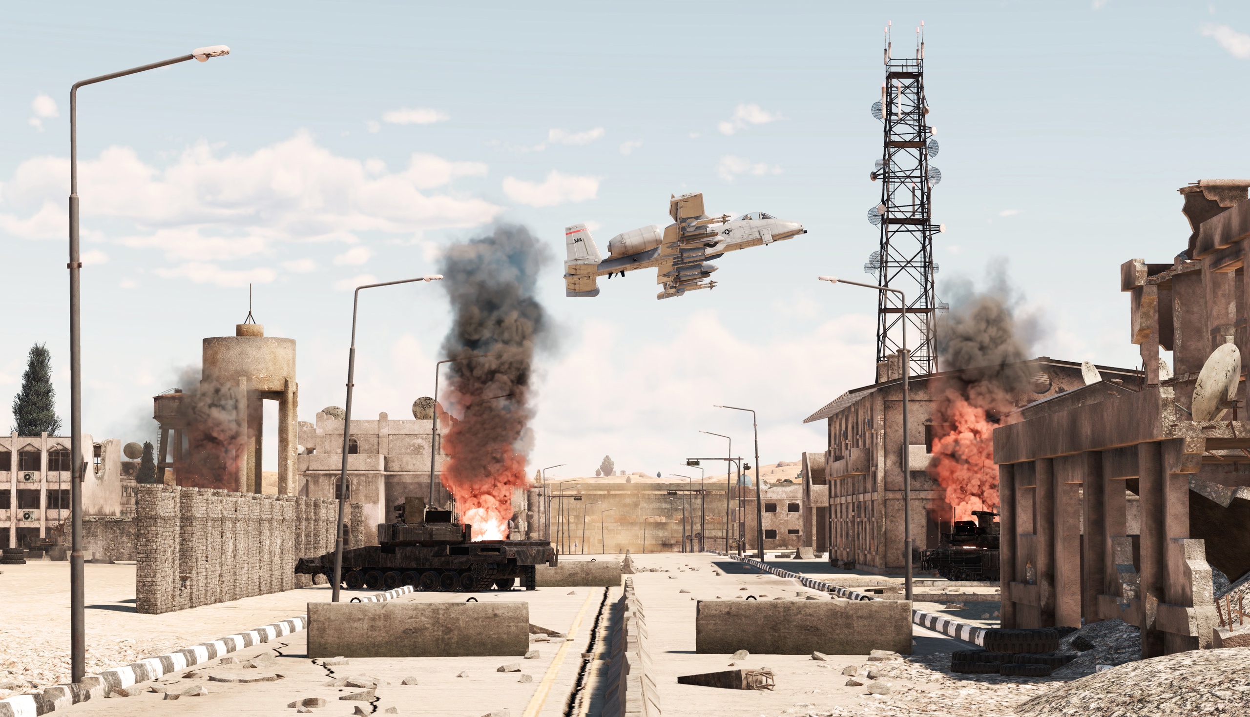 Bomber flying over a bombed city in War Thunder