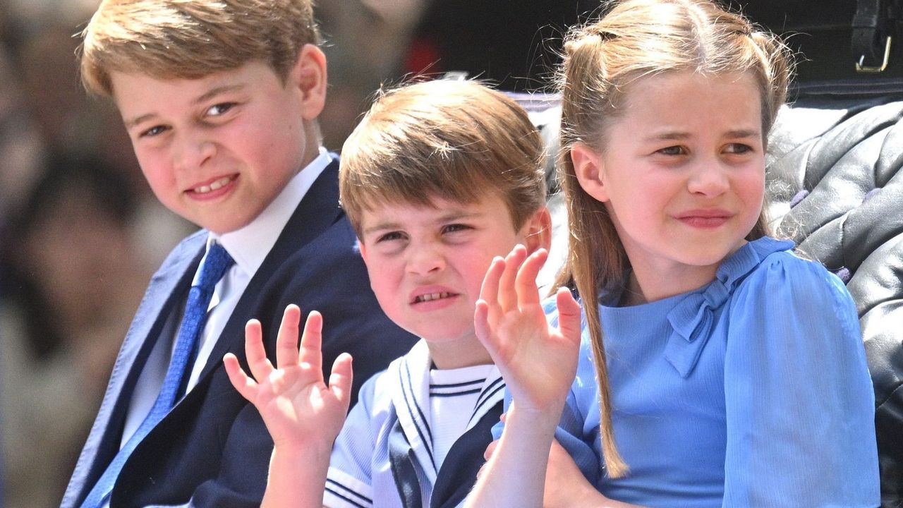 Prince George of Cambridge, Prince Louis of Cambridge and Princess Charlotte of Cambridge ride in a carriage during Trooping The Colour, the Queen&#039;s annual birthday parade, on June 02, 2022 in London, England.Trooping The Colour, also known as The Queen&#039;s Birthday Parade, is a military ceremony performed by regiments of the British Army that has taken place since the mid-17th century. It marks the official birthday of the British Sovereign.