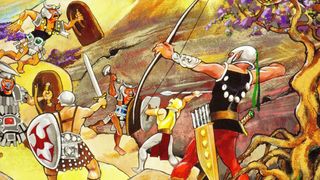 An elf shoots an arrow at attacking hobgoblins in the wilderness